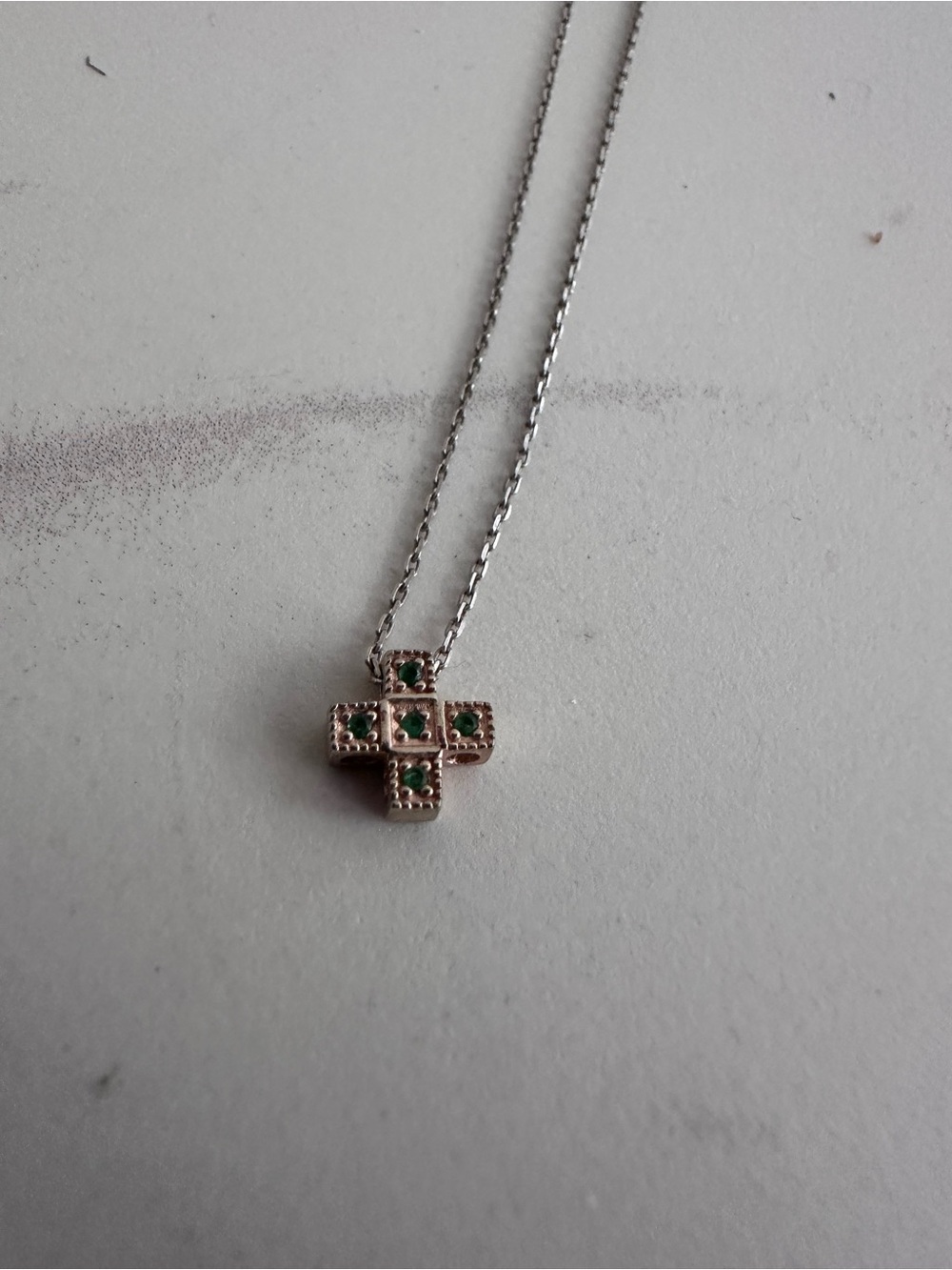 Rose gold plated Sterling Silver Green Gem Cross Pendant Necklace 16”